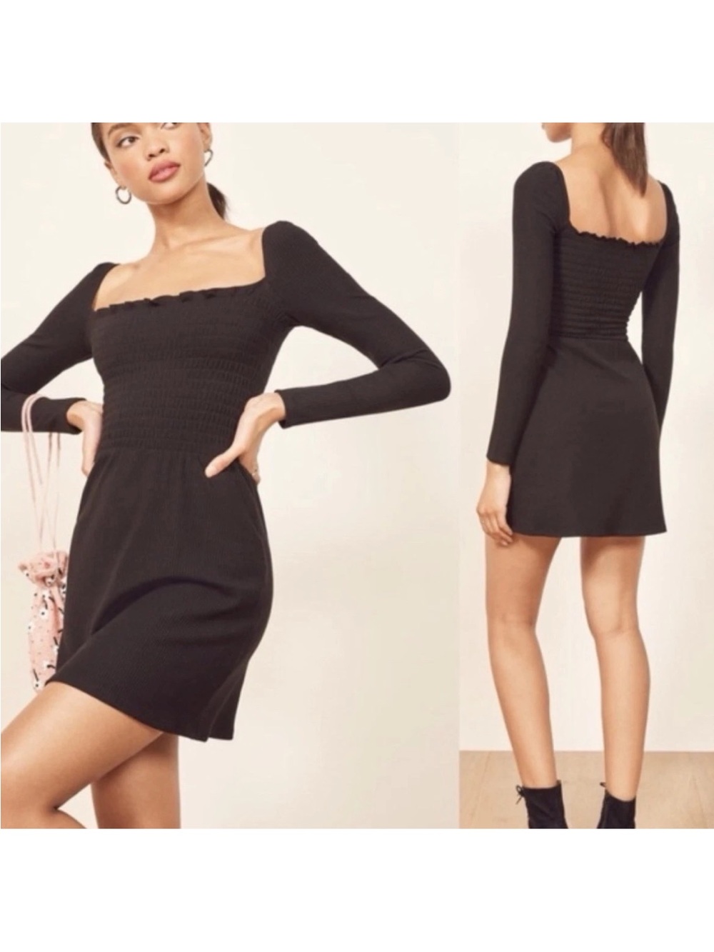 Reformation Jagger Smocked Square-Neck Long Sleeve Mini Dress - Black - Picture 2 of 7